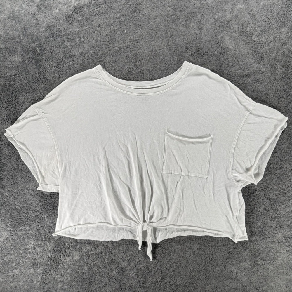 OFFLINE by Aerie Crop Top Tee Large White Front Tie Pocket Short Sleeve Boxy Fit